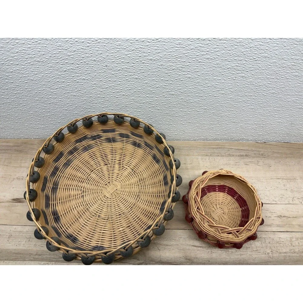 Vtg Set Of 2 Handwoven Baskets Doublewall With Beads Cherokee Style